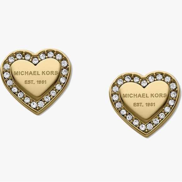 Michael Kors Gold Heart Crystal Logo Stud Earrings - Picture 1 of 5